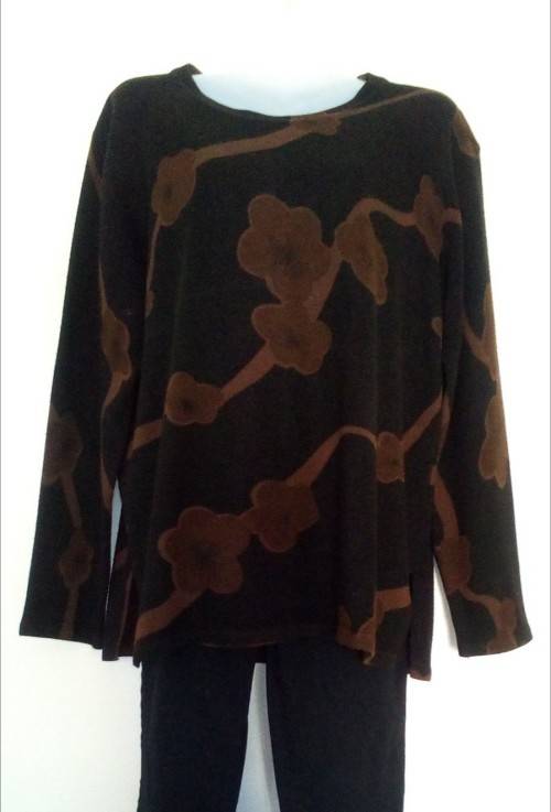 Classy Black Sweater with Brown Flower Motif Size Large