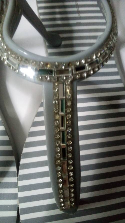 Grey striped Thong  T strap Sandals with diamante detail by Real Clothing size 8