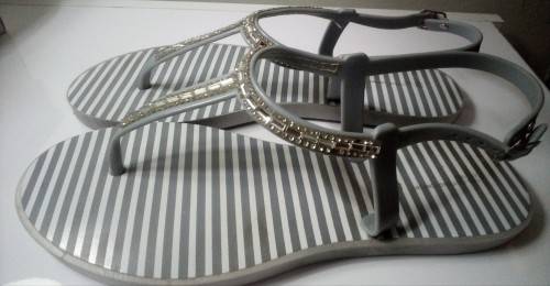 Grey striped Thong  T strap Sandals with diamante detail by Real Clothing size 8