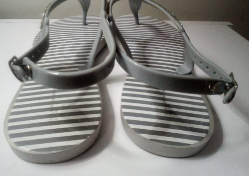 Grey striped Thong  T strap Sandals with diamante detail by Real Clothing size 8