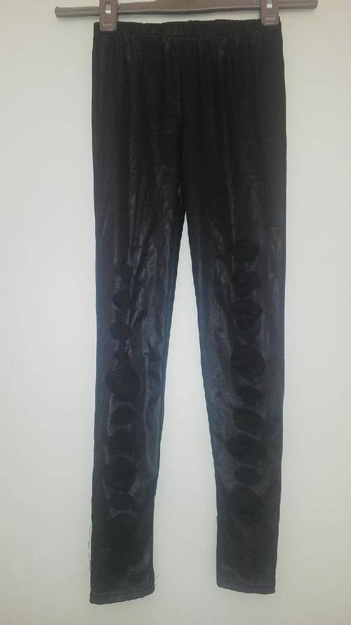 Black leather look leggings with circle cutouts revealing black mesh size small