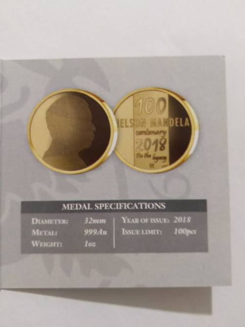Rare 1oz Gold medallion - Mandela Centenary 1918 - 2018