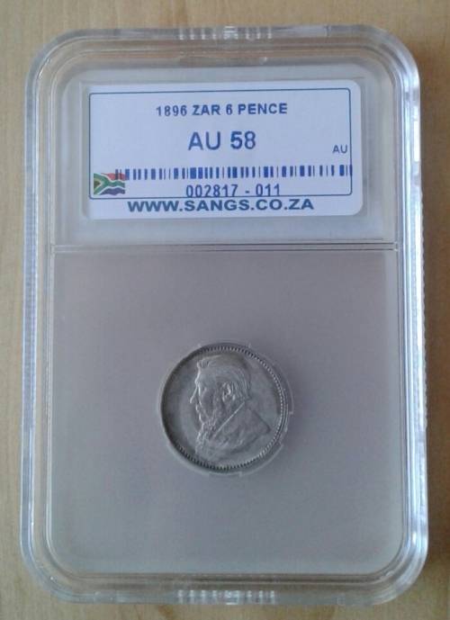 High grade 1896 ZAR Kruger silver sixpence SANGS AU58 (Almost Mint State)