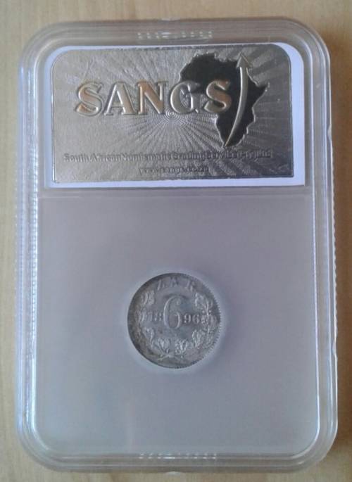 High grade 1896 ZAR Kruger silver sixpence SANGS AU58 (Almost Mint State)