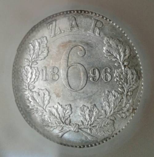 High grade 1896 ZAR Kruger silver sixpence SANGS AU58 (Almost Mint State)