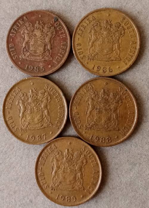 Lot of x5 2nd decimal 1c coins in sequence 1985-1989
