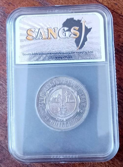 High grade 1896 ZAR Kruger silver 2 Shillings SANGS AU53