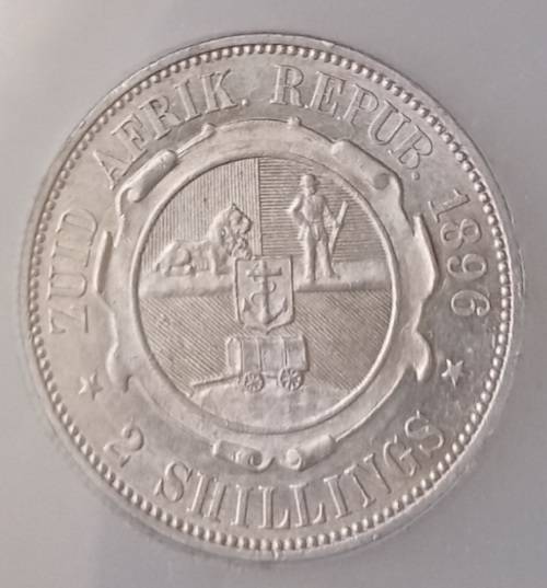 High grade 1896 ZAR Kruger silver 2 Shillings SANGS AU53