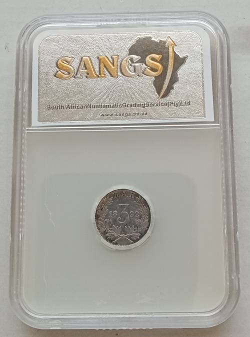 High grade 1892 ZAR Kruger silver tickey SANGS AU58 with die crack
