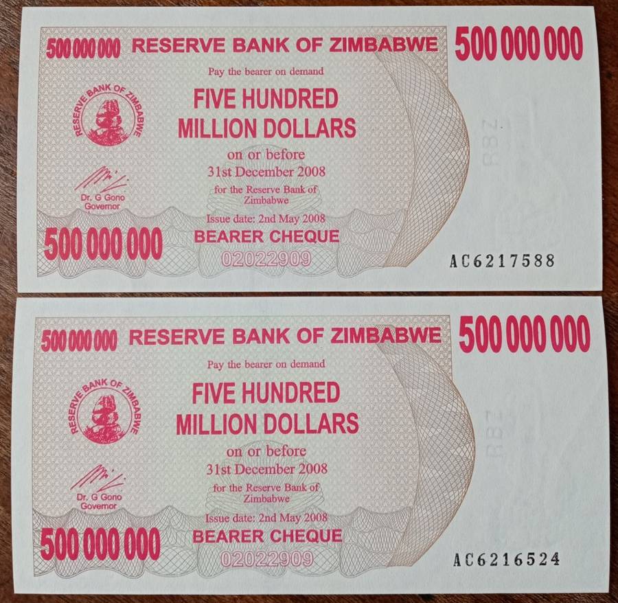 2008 Zimbabwe uncirculated 500 million dollars bearer cheque