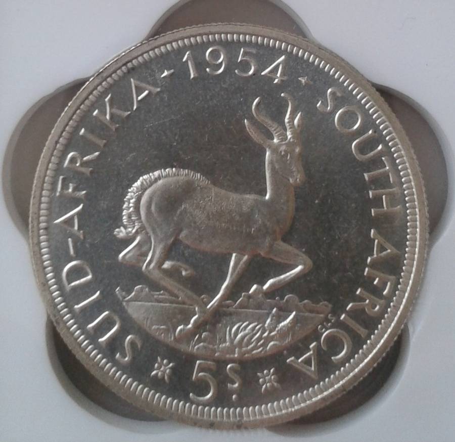 Scarcer 1954 Union silver 5 Shillings SANGS SS62 (Proof Like)