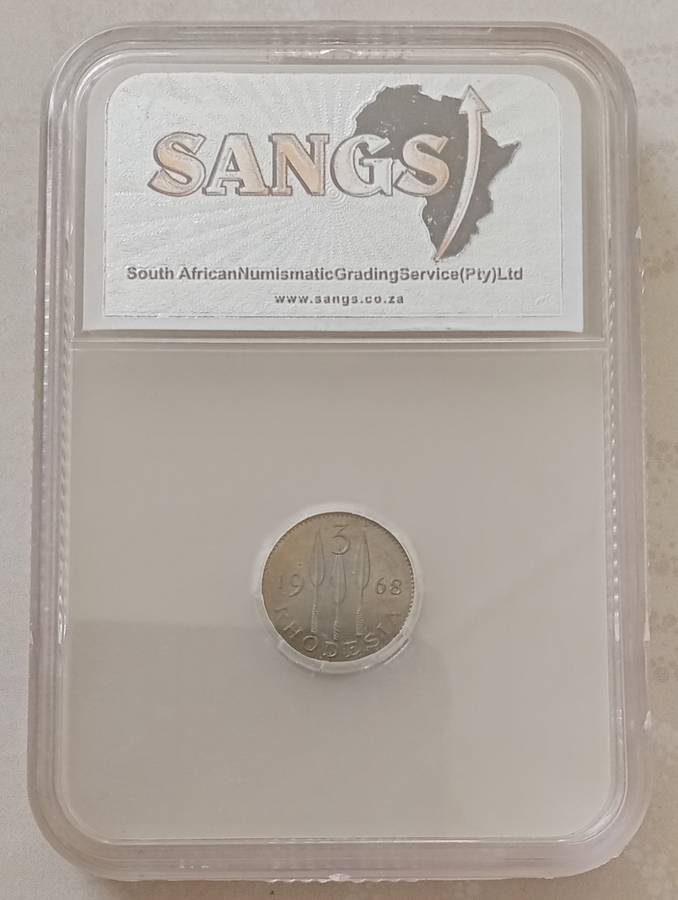 Rare 1968 Rhodesia proof threepence SANGS PF62
