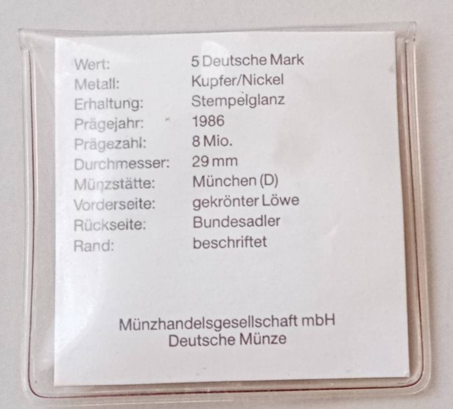 1986 German uncirculated 5 Mark with certificate
