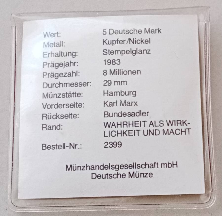 1983 German uncirculated 5 Mark with certificate