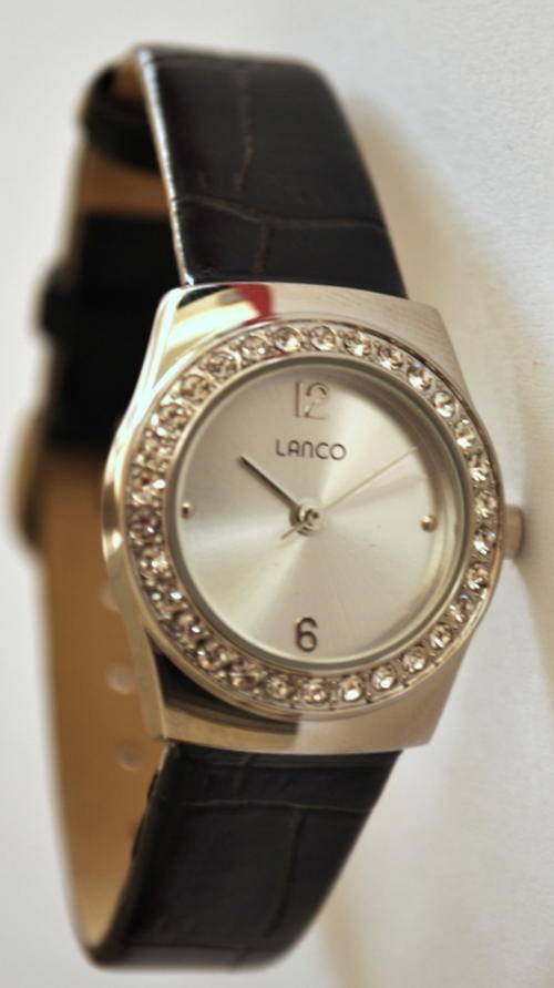 *Brand New* Lanco Ladies Black Leather Strap & Round,  Silver Dial with Crystal Bezel 1551505