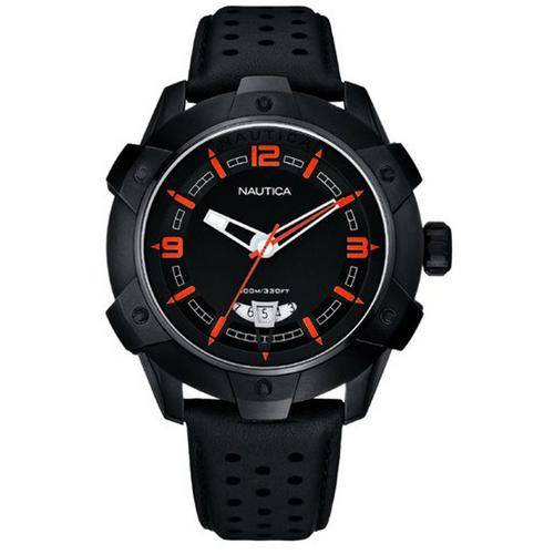 * Brand New* NAUTICA Gents NST Black Dial Black Perforated Leather Strap A35517G *Sporty & Fun*