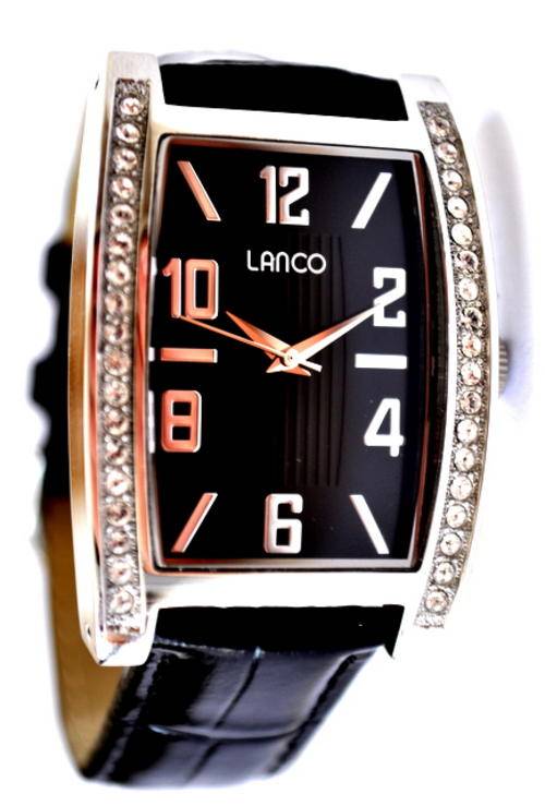 *Brand New* Lanco Ladies Black Leather Strap & Rectangle,  Black Dial with Crystals 1551500 *Classy*