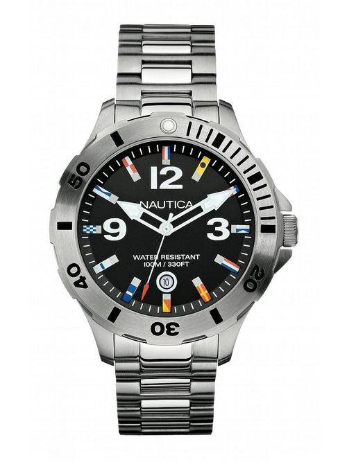 * Brand New* NAUTICA Gents Stainless Steel Watch with Black Dial and Flag Markers  *Sporty & Fun*