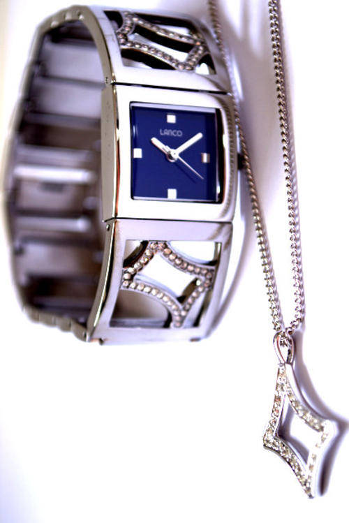 *Brand New* Lanco Ladies Silver Square Stainless Steel  Crystal Design on Band and  Necklace Set
