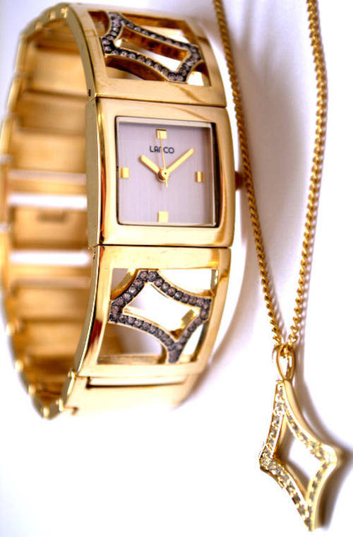 *Brand New* Lanco Ladies Gold Square Stainless Steel with  Crystal Design on Band and  Necklace Set
