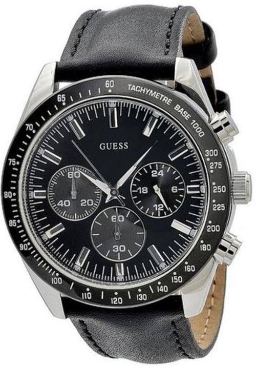 BRAND NEW Guess Gents Black Leather Chronograph  Watch Multifunctional Dial, 12/24 Hr Format