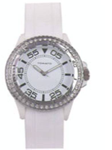 BRAND NEW TOMATO LADIES WATCH ROUND DIAL WITH STONES,STAINLESS STEEL WHITE RUBBER STRAP T539093
