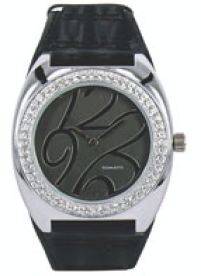 BRAND NEW TOMATO LADIES STAINLESS STEEL ROUND BLACK PU BLACK DIAL WITH STONES **STUNNING MODEL**