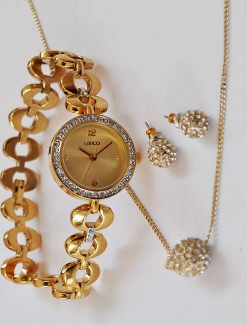 BRAND NEW Magnificent Lanco Gold Watch, Crystal Ball Necklace and Earring Set *STUNNING SET*