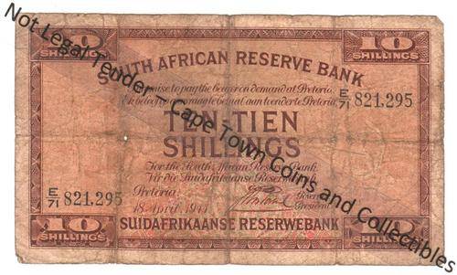 SA 10 Shillings 1944 - Postmus 1st - as per scan