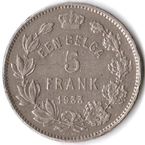 Belgium 5 Francs 1933 (Dutch) - as per scan