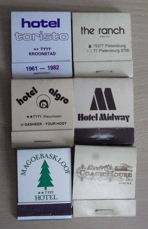 6 Vintage, SA Hotel matchbooks - unused
