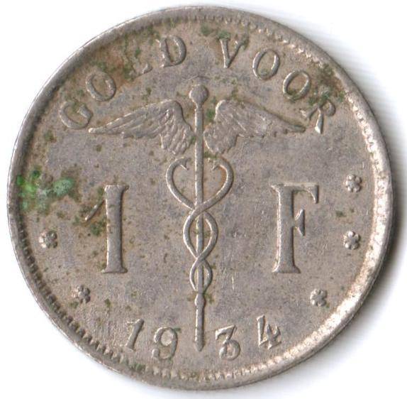 Belgium 1 Franc 1934, struck over in 1924