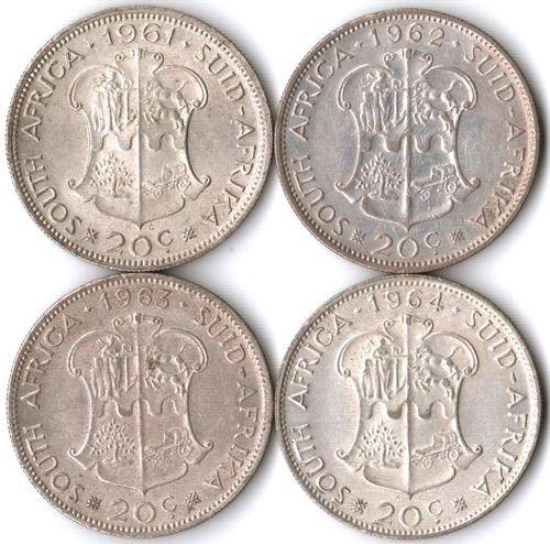 Full set of silver SA Republic 20 Cents coins - 1961, 1962, 1963, 1964