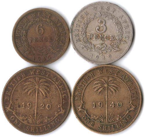 British West Africa 3 Pence 1939KN, 6 Pence 1945, 1 Shilling 1920KN & 1940
