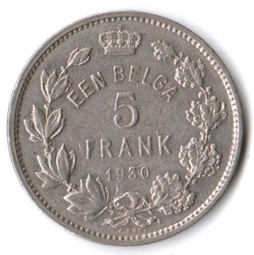 1930 Belgium 5 Francs (Frank) Dutch legend