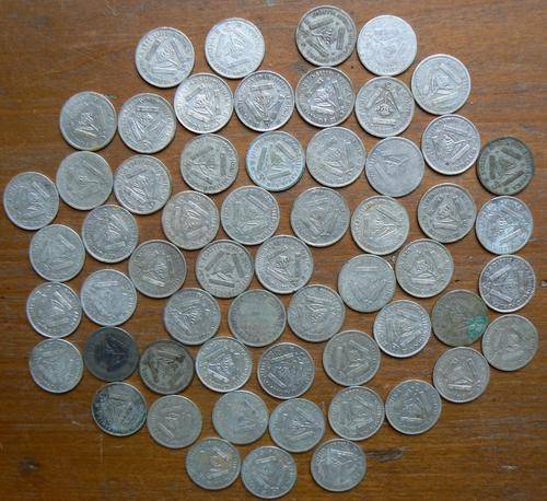 Lot of 58 SA Union 80% silver 3 pence tickeys, some in great condition - bid per coin to take all