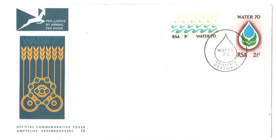 RSA 1970 First Day Cover (FDC) #13 Water, with very dark blue text rare