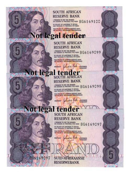 GPC de Kock R5 3rd Issue four UNC notes in sequence