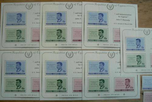 Cyprus 1964 Kennedy 6 MNH stamps + 3 strips of 5 (folded) + 7 minisheets