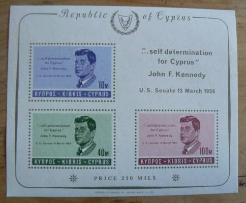 Cyprus 1964 Kennedy 6 MNH stamps + 3 strips of 5 (folded) + 7 minisheets
