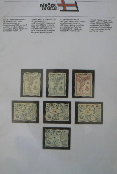 Faroe Islands near-complete set of MNH stamps 1975-1987 in German info folder CV$250+