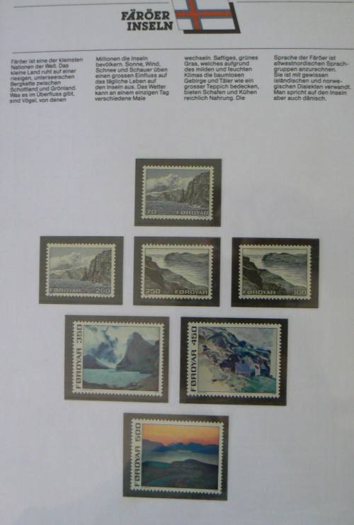 Faroe Islands near-complete set of MNH stamps 1975-1987 in German info folder CV$250+
