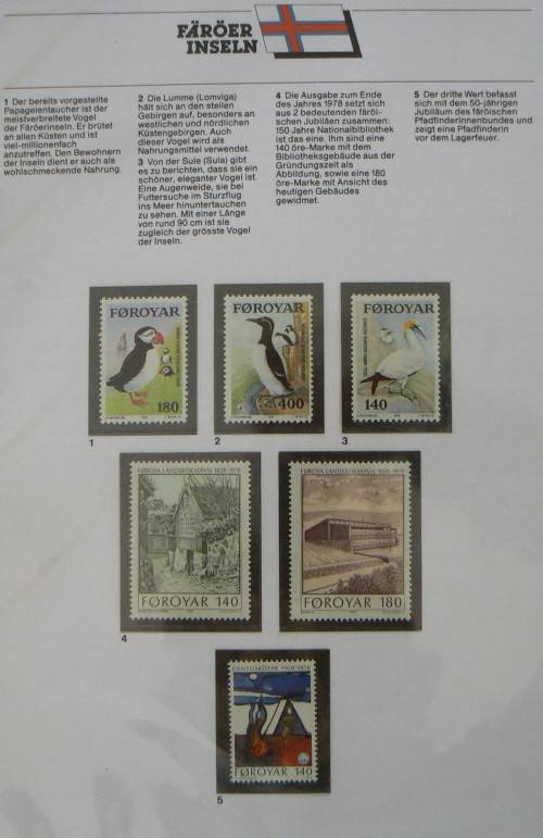 Faroe Islands near-complete set of MNH stamps 1975-1987 in German info folder CV$250+