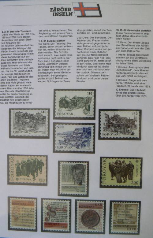 Faroe Islands near-complete set of MNH stamps 1975-1987 in German info folder CV$250+