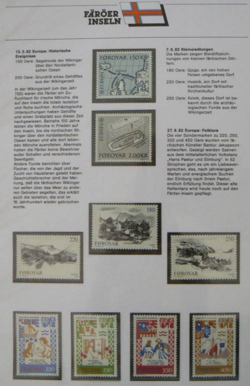 Faroe Islands near-complete set of MNH stamps 1975-1987 in German info folder CV$250+