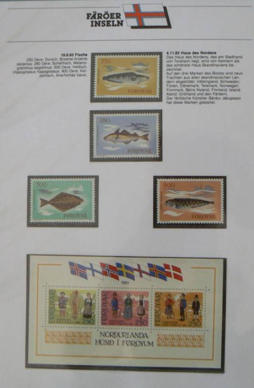 Faroe Islands near-complete set of MNH stamps 1975-1987 in German info folder CV$250+