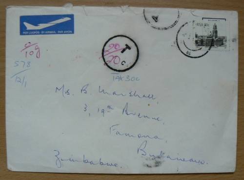 Airmail letter SA to Zimbabwe 1986 & 1987 with normal stamps used for postage due