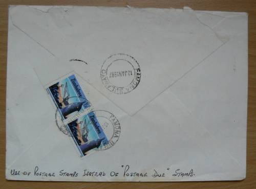Airmail letter SA to Zimbabwe 1986 & 1987 with normal stamps used for postage due