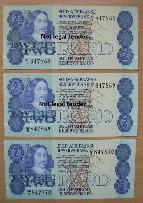 Lot of 3 G de Kock 2nd Issue R2 notes - UNC in sequence - A6