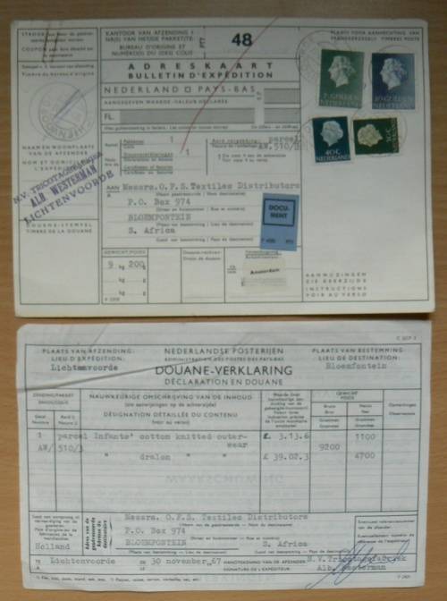 1967 Netherlands to Bloemfontein customs parcel post card with order details